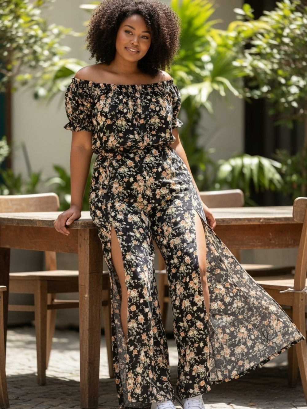 Floral Off-Shoulder Wide-Leg Jumpsuit in Black